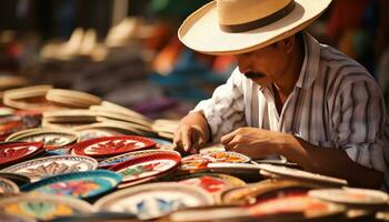 un hombre en un vistoso sombrero es trabajando en un sombrero ai generado foto