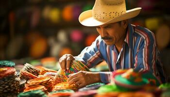 un hombre en un vistoso sombrero es trabajando en un sombrero ai generado foto