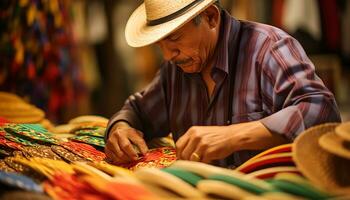 a man in a colorful hat is working on a hat Ai Generated photo