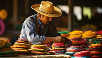 un hombre en un vistoso sombrero es trabajando en un sombrero ai generado foto