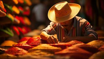 a man in a colorful hat is working on a hat Ai Generated photo