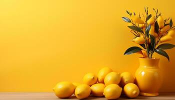 lemon and flowers on yellow background Ai generated photo