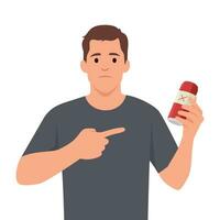 Young man holding and pointing coke, say no to coke, sugar, and fat. vector