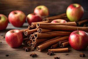 Apple and cinnamon sticks for autumn vibes by AI Generative photo
