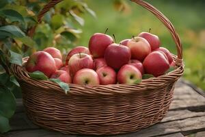 cesta de recién escogido rojo manzanas por ai generativo foto