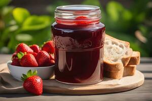 Strawberry jam jar with freshly baked bread by AI Generative photo