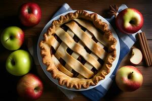 Tasty homemade apple pie on wooden background by AI Generative photo