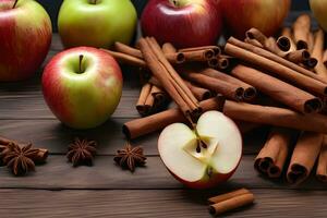 Apple and cinnamon sticks for autumn vibes by AI Generative photo