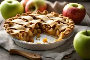 Tasty homemade apple pie on wooden background by AI Generative photo