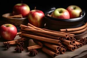 Apple and cinnamon sticks for autumn vibes by AI Generative photo