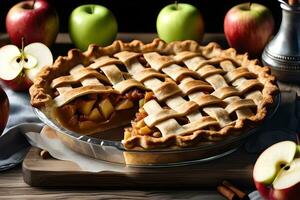 Tasty homemade apple pie on wooden background by AI Generative photo