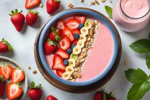 Strawberry smoothie bowl with toppings by AI Generative photo