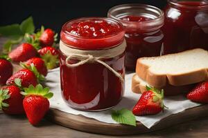 Strawberry jam jar with freshly baked bread by AI Generative photo