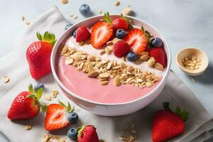 Strawberry smoothie bowl with toppings by AI Generative photo