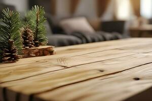 Wood table product presentation with interior background by Ai Generative photo