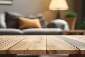 Wood table product presentation with interior background by Ai Generative photo