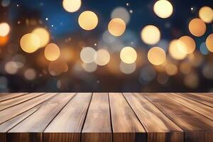 Wood table product presentation with blurred bokeh background by Ai Generative photo