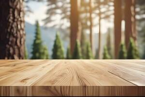 Wood table product presentation with blurred garden background by Ai Generative photo