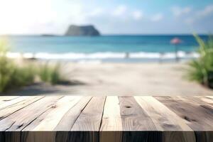 Wood table product presentation with sea background by Ai Generative photo