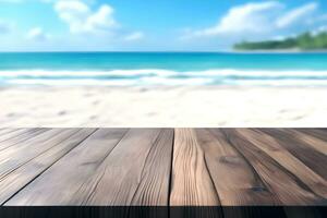 Wood table product presentation with sea background by Ai Generative photo