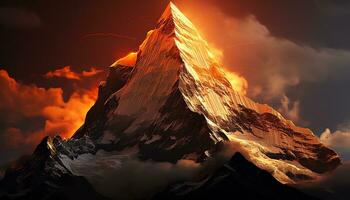 a mountain peak with orange clouds and a sunset ai generated photo