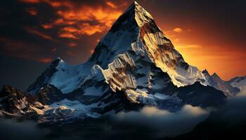 a mountain peak with orange clouds and a sunset ai generated photo