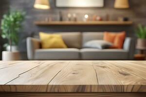 Wood table product presentation with interior background by Ai Generative photo