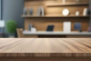 Wood table product presentation with interior background by Ai Generative photo