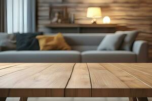 Wood table product presentation with interior background by Ai Generative photo