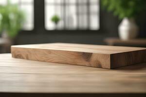 Wood table product presentation with interior background by Ai Generative photo
