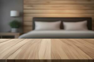 Wood table product presentation with interior background by Ai Generative photo