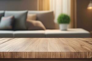 Wood table product presentation with interior background by Ai Generative photo