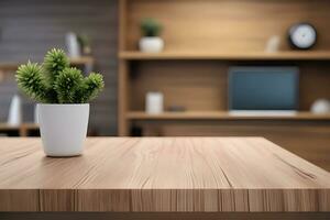 Wood table product presentation with interior background by Ai Generative photo