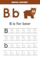 Tracing alphabet letters for kids. Animal alphabet. B is for bear. vector