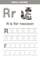 Tracing alphabet letters for kids. Animal alphabet. R is for raccoon. vector