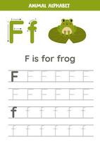 Tracing alphabet letters for kids. Animal alphabet. F is for frog. vector