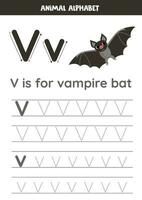 Tracing alphabet letters for kids. Animal alphabet. v is for vampire bat. vector