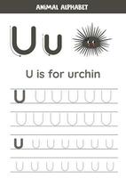 Tracing alphabet letters for kids. Animal alphabet. U is for urchin. vector