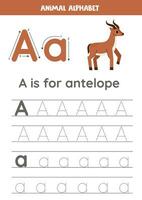 Tracing alphabet letters for kids. Animal alphabet. A is for antelope. vector