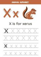 Tracing alphabet letters for kids. Animal alphabet. x is for xerus. vector