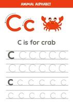 Tracing alphabet letters for kids. Animal alphabet. c is for crab. vector