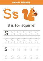 Tracing alphabet letters for kids. Animal alphabet. S is for squirrel. vector