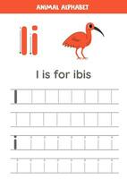 Tracing alphabet letters for kids. Animal alphabet. I is for ibis. vector