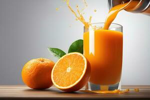 refrescante agrios bebida en vaso con salpicaduras naranja jugo por ai generativo foto