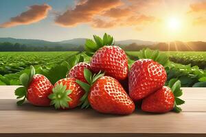 Pile of Strawberries on Table with Strawberry Field Background by Ai Generative photo