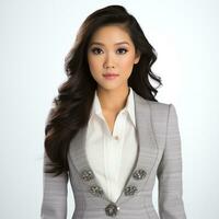 hermosa asiático mujer en blanco vestir ai generado foto
