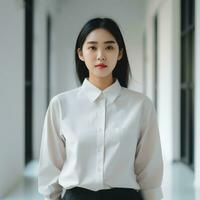 hermosa asiático mujer en blanco vestir ai generado foto
