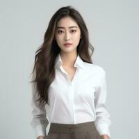 a woman wearing a white blouse and black pants ai generated photo