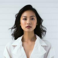 beautiful asian woman in white suit sitting on chair ai generated photo