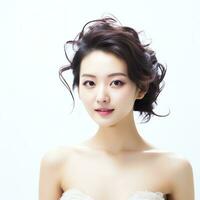 beautiful asian woman in white suit sitting on chair ai generated photo